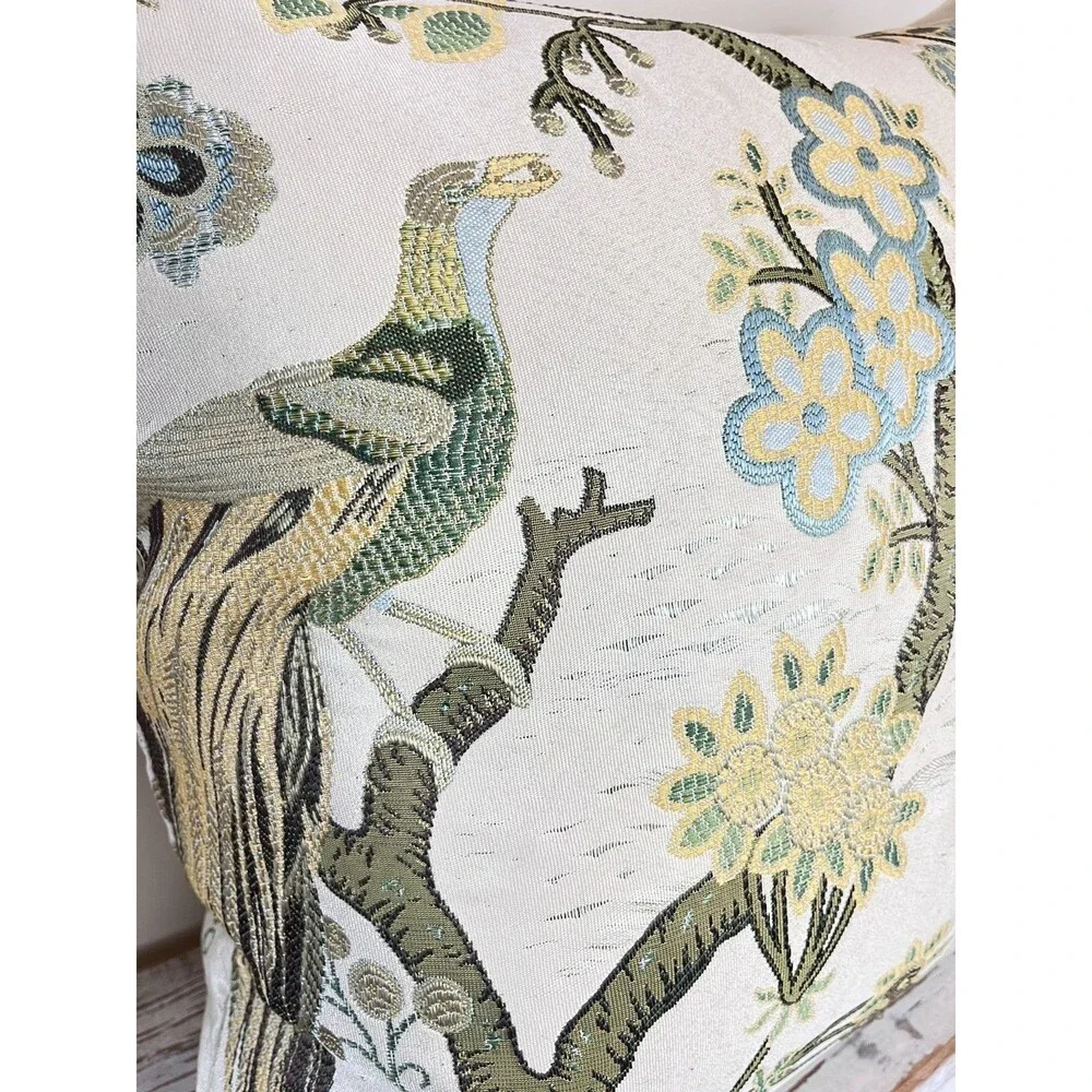 Vintage Hollywood Regency Peacock Flowers And Birds Pillow 22”x22” Estate Decor